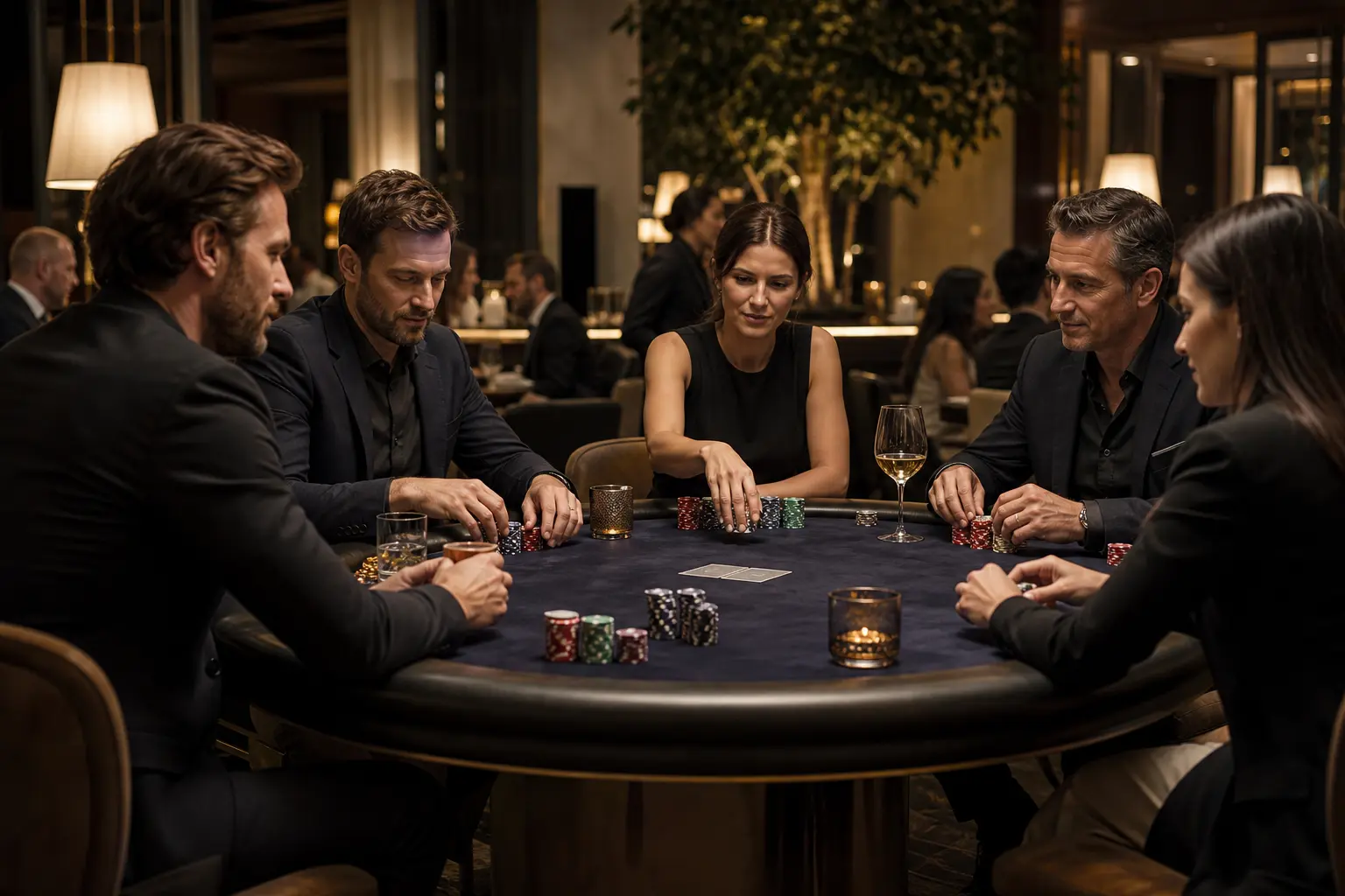 Table de poker dans un salon privé de Riva Maison, ambiance feutrée aux chandelles