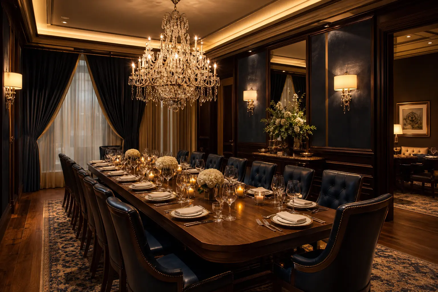 Salle de réception privée à Riva Maison, table dressée pour un dîner intime